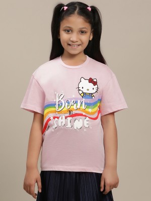 kidsville Girls Graphic Print Cotton Blend T Shirt(Pink, Pack of 1)