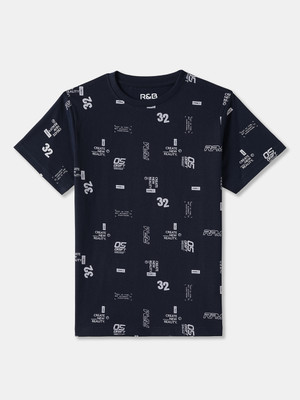 R&B Boys Printed Pure Cotton Regular T Shirt(Dark Blue, Pack of 1)