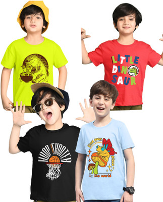 Kiddy Viddy Boys Graphic Print Cotton Blend Regular T Shirt(Red, Light Green, Pack of 4)