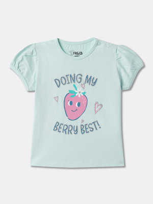 R&B Baby Girls Typography, Printed Pure Cotton Regular T Shirt(Blue, Pack of 1)