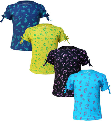 Eazy Trends Girls Printed Pure Cotton Regular T Shirt(Light Blue, Pack of 4)