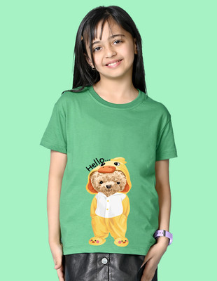 Nusyl Girls Graphic Print Cotton Blend Oversized T Shirt(Green, Pack of 1)