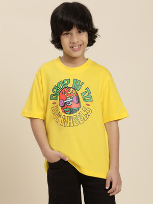 kidsville Boys Typography, Printed Cotton Blend Oversized T Shirt(Yellow, Pack of 1)