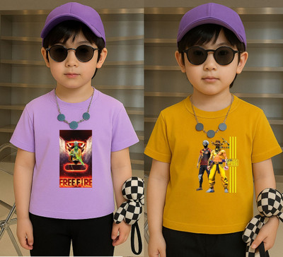 Lecowar Boys Printed, Graphic Print Polyester Regular T Shirt(Purple, Yellow, Pack of 2)