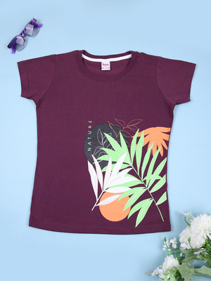 V-MART Girls Printed Cotton Blend Regular T Shirt(Maroon, Pack of 1)