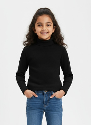 mikaboo Girls Solid Cotton Blend Slim T Shirt(Black, Pack of 1)