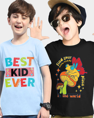 AOOSH Boys Printed Cotton Blend Regular T Shirt(Black, Light Blue, Pack of 2)