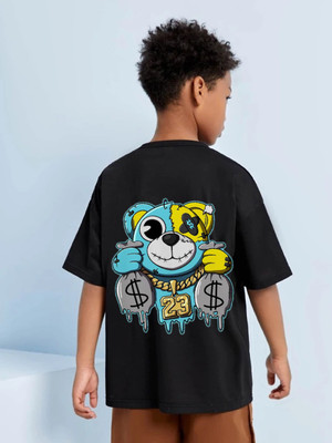 FASTCRY Boys Printed Pure Cotton Oversized T Shirt(Black, Pack of 1)
