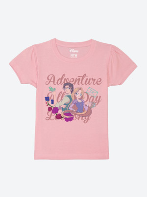WYM TREND Girls Printed Pure Cotton Regular T Shirt(Pink, Pack of 1)