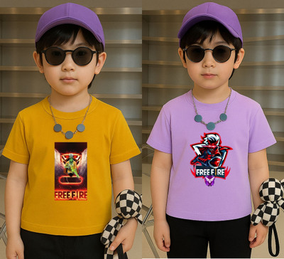 Lecowar Boys Printed Polyester Regular T Shirt(Yellow, Purple, Pack of 2)