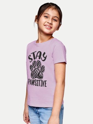 radprix Girls Typography, Printed Pure Cotton T Shirt(Purple, Pack of 1)