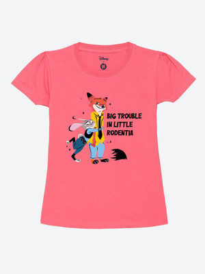 YK Disney Girls Printed Cotton Blend Regular T Shirt(Pink, Pack of 1)