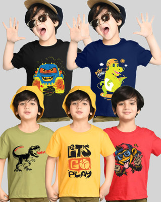 ENITOR Boys Printed Cotton Blend Regular T Shirt(Yellow, Green, Pack of 5)
