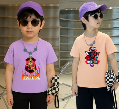 Lecowar Boys Graphic Print Polyester Regular T Shirt(Purple, Pink, Pack of 2)