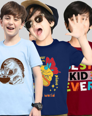 AOOSH Boys Printed Cotton Blend Regular T Shirt(Blue, Maroon, Pack of 3)