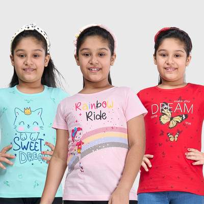 Zuniors-SSC Girls Graphic Print Pure Cotton Regular T Shirt(Multicolor, Pack of 3)