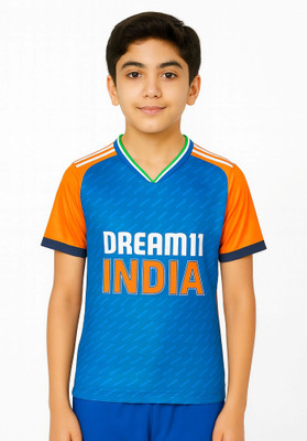 BUGOAT Boys & Girls Printed Polyester Regular T Shirt(Blue, Pack of 1)