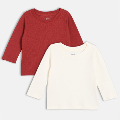 MINI KLUB Boys & Girls Self Design Cotton Blend Regular T Shirt(Red, White, Pack of 2)
