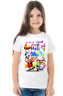 tiftiprint Boys & Girls Printed Cotton Blend Regular T Shirt(White, Pack of 1)