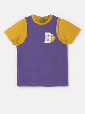 United Colors of Benetton Boys Solid Cotton Blend Regular T Shirt(Purple, Pack of 1)