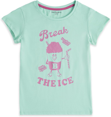 Pantaloons Junior Girls Printed Pure Cotton Regular T Shirt(Green, Pack of 1)