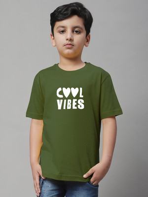 FRISKERS Boys Typography, Printed Pure Cotton Regular T Shirt(Dark Green, Pack of 1)