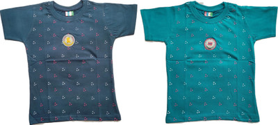 KidsTeen Boys & Girls Solid, Geometric Print Cotton Blend Regular T Shirt(Blue, Pack of 2)