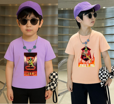 Lecowar Boys Printed Polyester Regular T Shirt(Purple, Orange, Pack of 2)