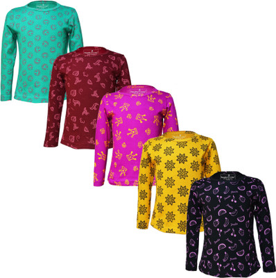 Eazy Trends Girls Printed Pure Cotton Regular T Shirt(Multicolor, Pack of 5)