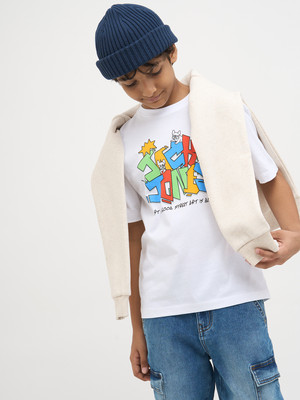 Jack & Jones Junior Boys Graphic Print Cotton Blend Regular T Shirt(White, Pack of 1)