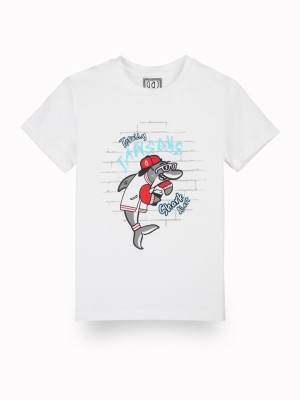 GINI & JONY Boys Printed Cotton Blend T Shirt(White, Pack of 1)