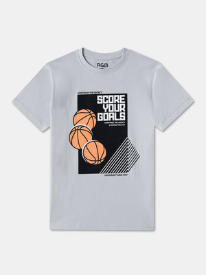 R&B Boys Graphic Print Pure Cotton Regular T Shirt(Grey, Pack of 1)