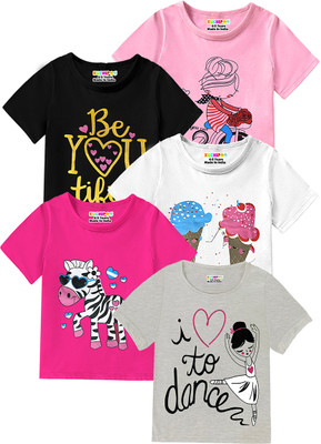 Kuchipoo Girls Printed Cotton Blend Regular T Shirt(Multicolor, Pack of 5)