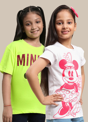 kidsville Girls Graphic Print Cotton Blend Regular T Shirt(Multicolor, Pack of 2)