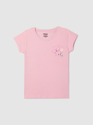 MAX Girls Printed Pure Cotton T Shirt(Pink, Pack of 1)