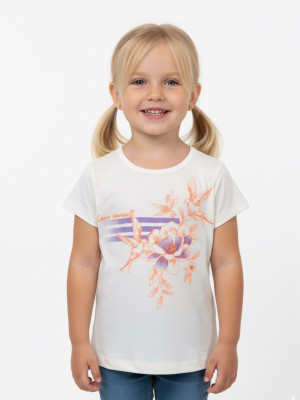 Pink Castle Girls Printed Cotton Blend Regular T Shirt(White, Pack of 1)