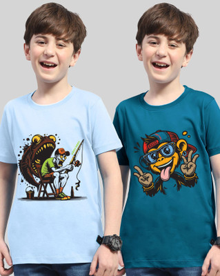 AUSK Boys Printed Cotton Blend Regular T Shirt(Light Blue, Dark Blue, Pack of 2)