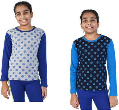 Indistar Girls Printed Pure Cotton Regular T Shirt(Multicolor, Pack of 2)