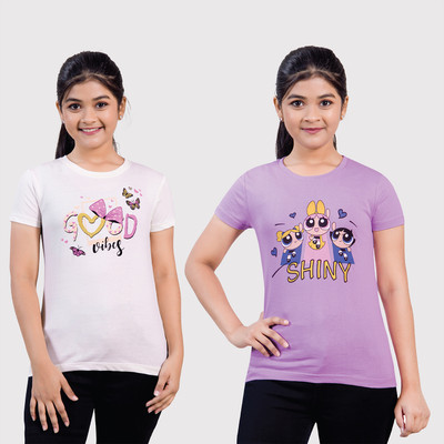 Zuniors-SSC Girls Printed Pure Cotton Regular T Shirt(Multicolor, Pack of 2)