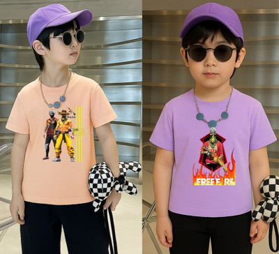 Lecowar Boys Printed Polyester Regular T Shirt(Pink, Purple, Pack of 1)