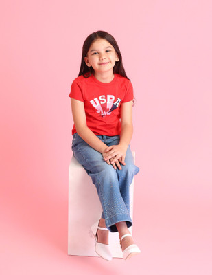U.S. POLO ASSN. Girls Graphic Print Pure Cotton Regular T Shirt(Red, Pack of 1)