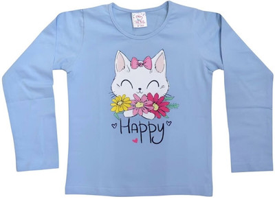 TRIKIBELLY Baby Girls Printed Cotton Blend Regular T Shirt(Blue, Pack of 1)