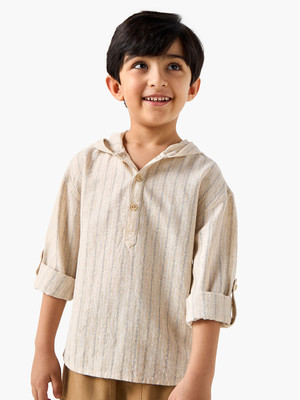 JUNIORS by Babyshop Boys Striped Pure Cotton Regular T Shirt(Beige, Pack of 1)
