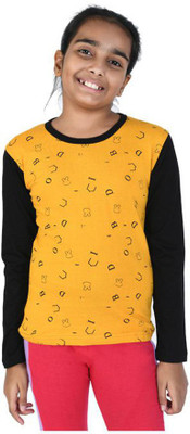 IndiWeaves Girls Typography, Graphic Print Pure Cotton Regular T Shirt(Yellow, Pack of 1)