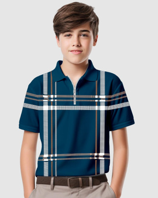 AOOSH Boys Checkered Cotton Blend Regular T Shirt(Dark Blue, Grey, Pack of 1)