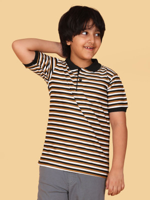 BUTRU Boys Striped Cotton Blend Regular T Shirt(White, Pack of 1)
