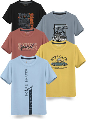Hellcat Boys Printed Cotton Blend Regular T Shirt(Yellow, Pack of 5)