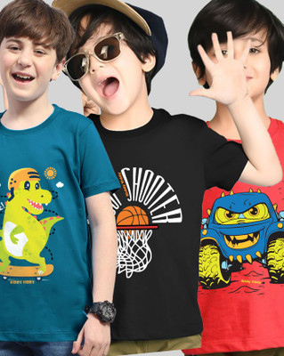 AOOSH Boys Printed Cotton Blend Regular T Shirt(Black, Dark Blue, Pack of 3)