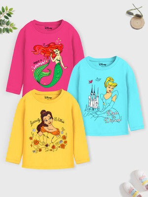DISNEY BY MISS & CHIEF Girls Cartoon Cotton Blend Regular T Shirt(Multicolor, Pack of 3)