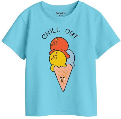 BONKIDS Girls Printed Pure Cotton Regular T Shirt(Blue, Pack of 1)